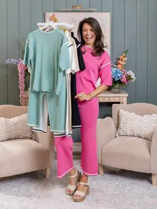 Contrast Trim Short Sleeve Top Drawstring Pants Sweater Set | S-2XL