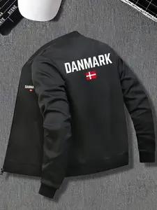 Men's Danish Flag Jacket, Winter Stand Collar Zipper Coat with Pockets, Heavyweight Warm Outerwear, Casual & Formal Use, Geometric Print