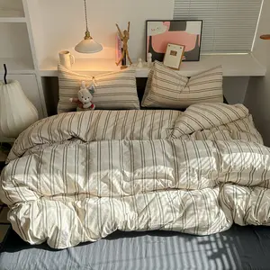 4pcs Soft Breathable Washable Striped Bedding Set, Simple Solid Color Fresh Plaid Bed Linen Kit, Includes Pillowcase, Quilt Cover, Sheet