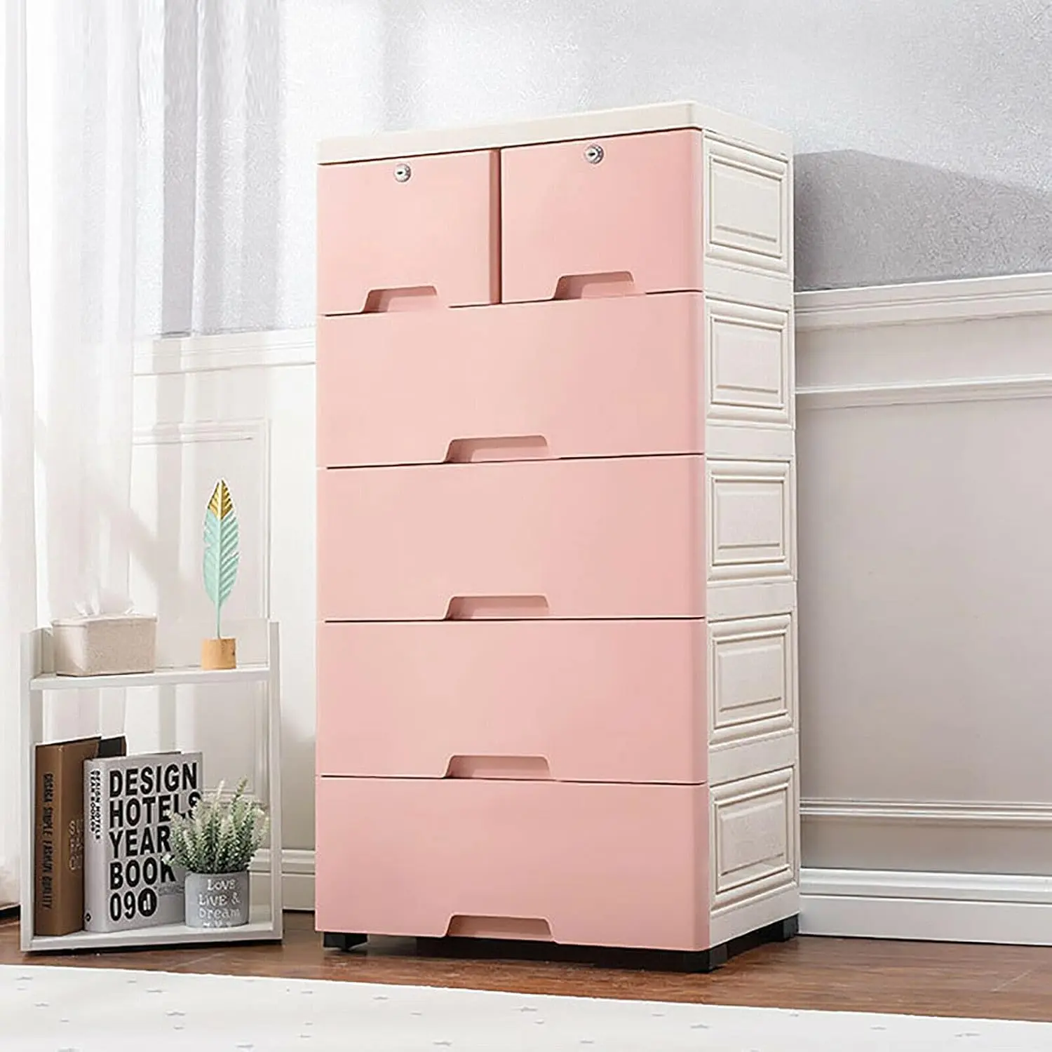 Lockable Dresser - Sturdy PP Rolling Storage Cabinet, Pink with 4 Wheels, 4 Large Drawers, 2 Small Top Lockers (With Keys) for Closets, Bedrooms, Modern Storage Cabinets, 6 Drawers