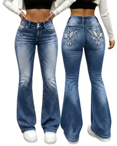 Womenswear Women's Mid-Rise Stretchy Slim-Fit Bootcut Denim Jeans with Feather Wings and Flower Embroidery