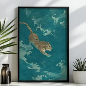 Japanese Tiger Swimming Print | Ukiyo‑e Woodblock Art | Hokusai Hiroshige Inspired Tranquil Water Poster | Unframed 3