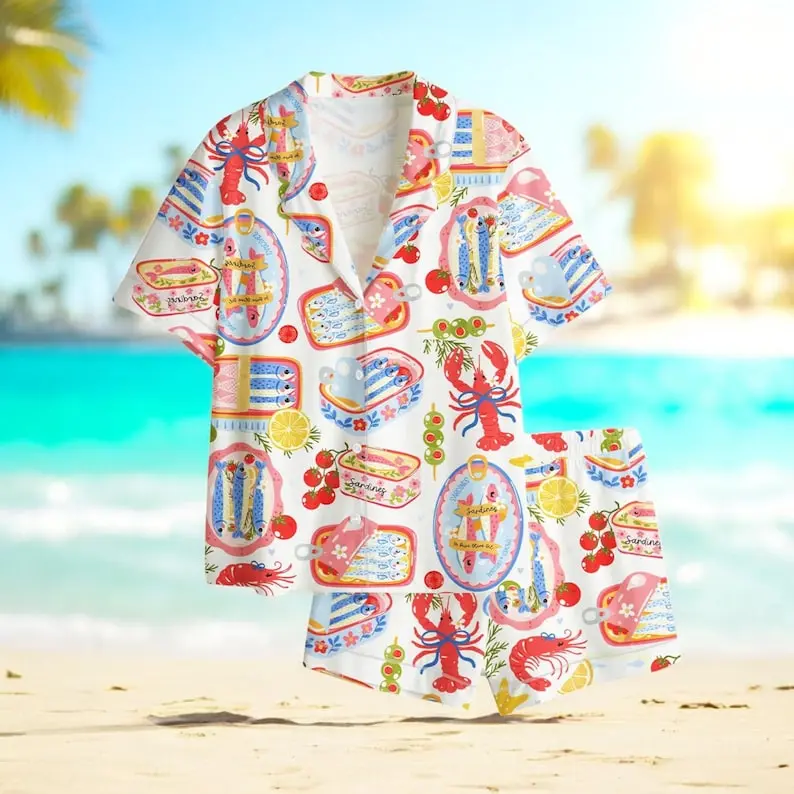 Women's Sardine Lobster Pajama Set, Seafood Print PJs, Gift for Women