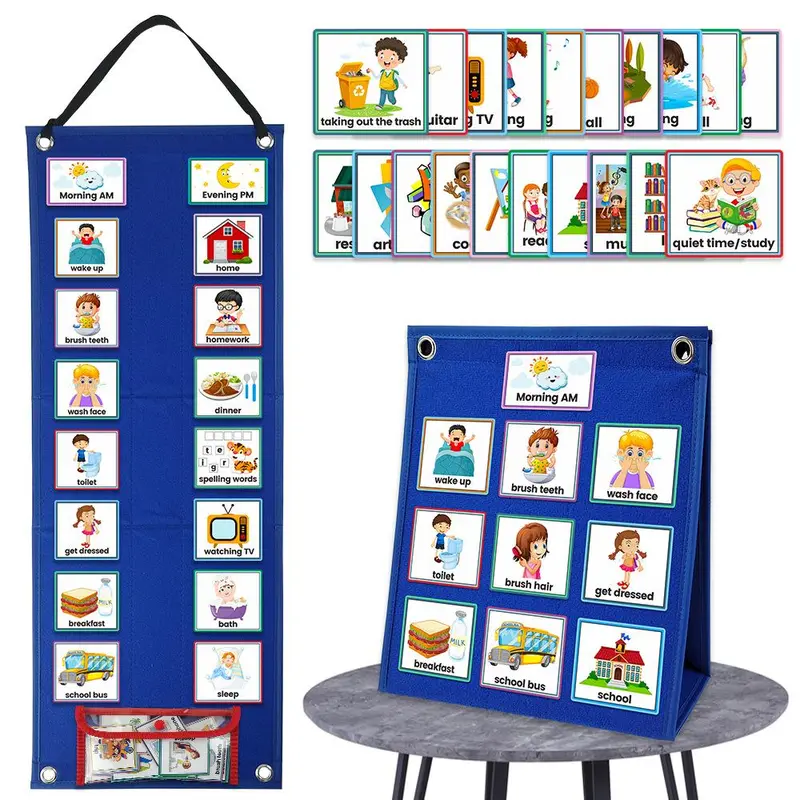 Visual Schedule Chart for Kids Daily Routine Card, 1 Set Affairs Pattern English Card with Display & Bag, Parent-child Interactive Game Props, Learning Materials, Visual Learning Tools