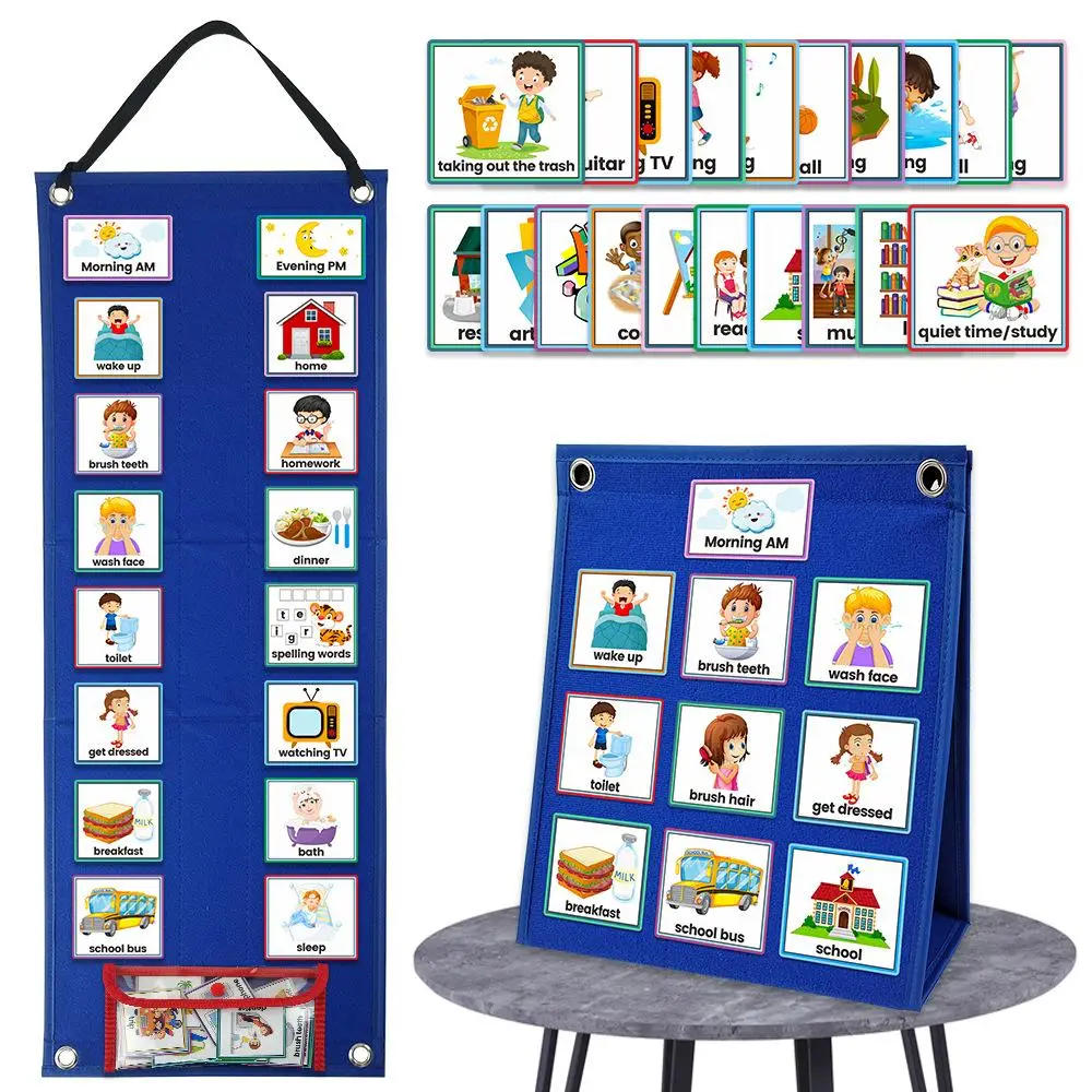 Visual Schedule Chart for Kids Daily Routine Card, 1 Set Affairs Pattern English Card with Display & Bag, Parent-child Interactive Game Props