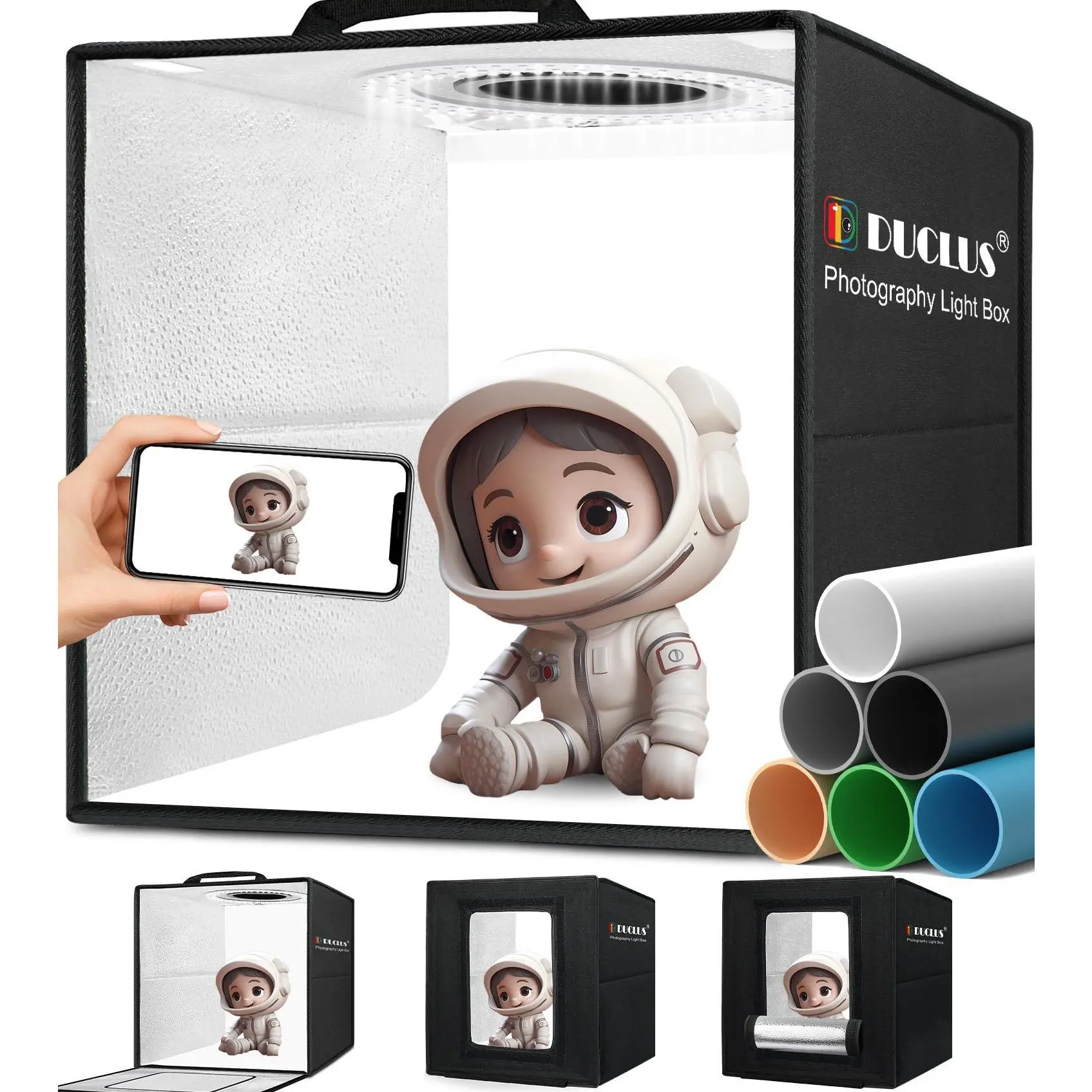 DUCLUS Light Box Photography, Portable Photo Studio Booth Box, 10" x 10" Professional Mini Shooting Tents with 96 LED Lights Dimmable, 6 Backdrops for Small Product: Jewelry, Miniature Models etc.