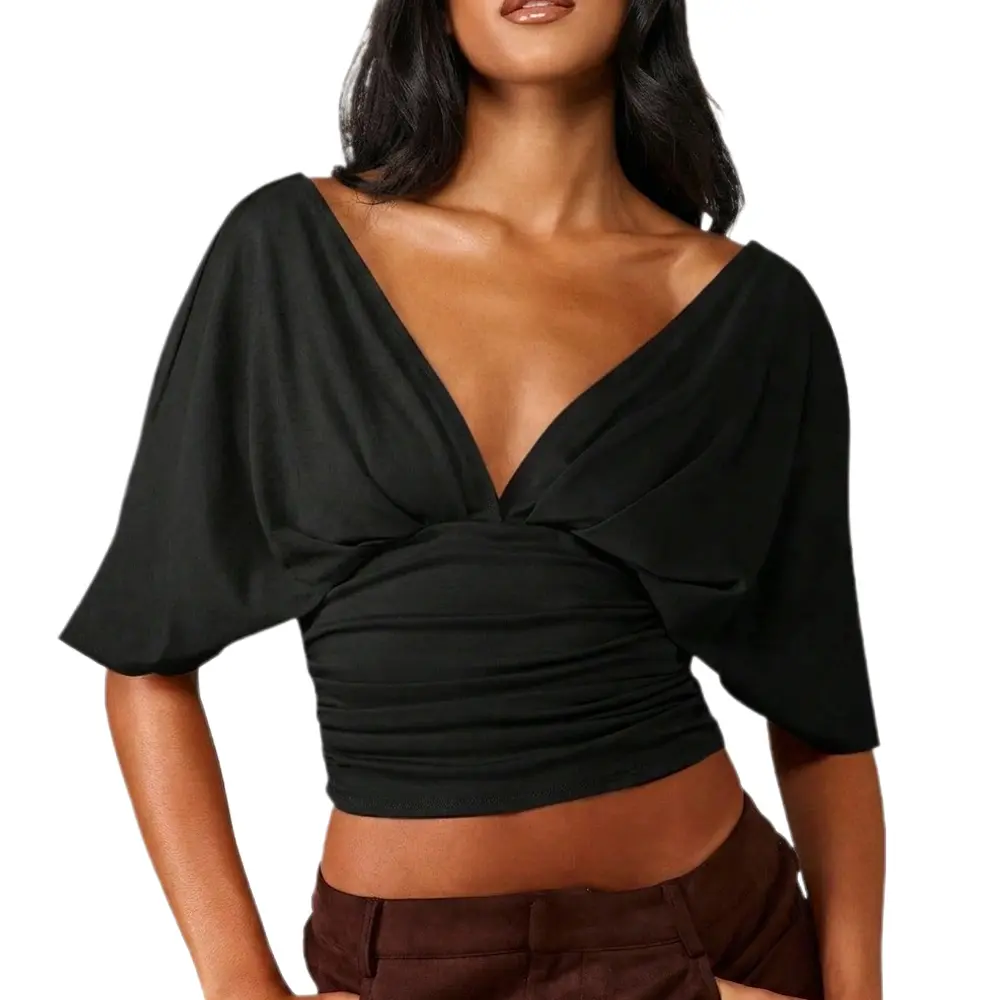 FWSAM Women Y2K Deep V Neck Ruched Crop Top Backless Batwing Short Sleeve Slim Fit Cinched Waist Going Out Top Low Cut Casual Blouse Top