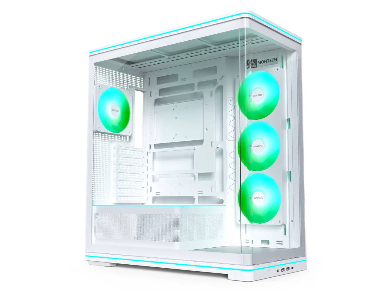 MONTECH TG3 Curved ATX PC Case with 15° Curved Glass & 4 ARGB Fans, White. Show hardware up front, back-connect ready, 430mm graphics clearance, 180mm cooler, 360mm top radiator, Type-C