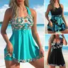 Women's Printed Sleeveless Swimdress with Built-In Shorts - V-Neck, Polyester, Multiple Prints, Beach & Pool Wear, Sizes S-4XL