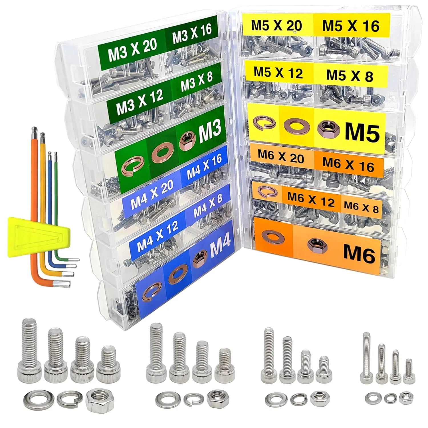 880PCS Metric M6 M5 M4 M3 Metric Bolt Assortment Metric Screws Assortment kit 16 Sizes Set Hex Socket Head Cap Screw 304 Stainless Steel Assorted Nuts and Bolts Washer S2 Steel Allen Wrench