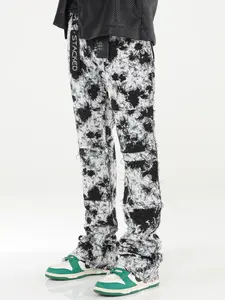 Artist Tapestry Stacked Flare Jeans Urban Streetwear Mid Waist Below the Ankle Menswear Fashionable Trendy All Seasons Denim Pants Flared Leg Design