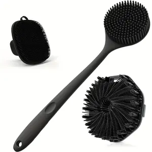 Silicone bath and skin care 3-piece set: Back brush, face brush, shower brush, anti-slip handle, deep cleansing massage, fragrance-free black
