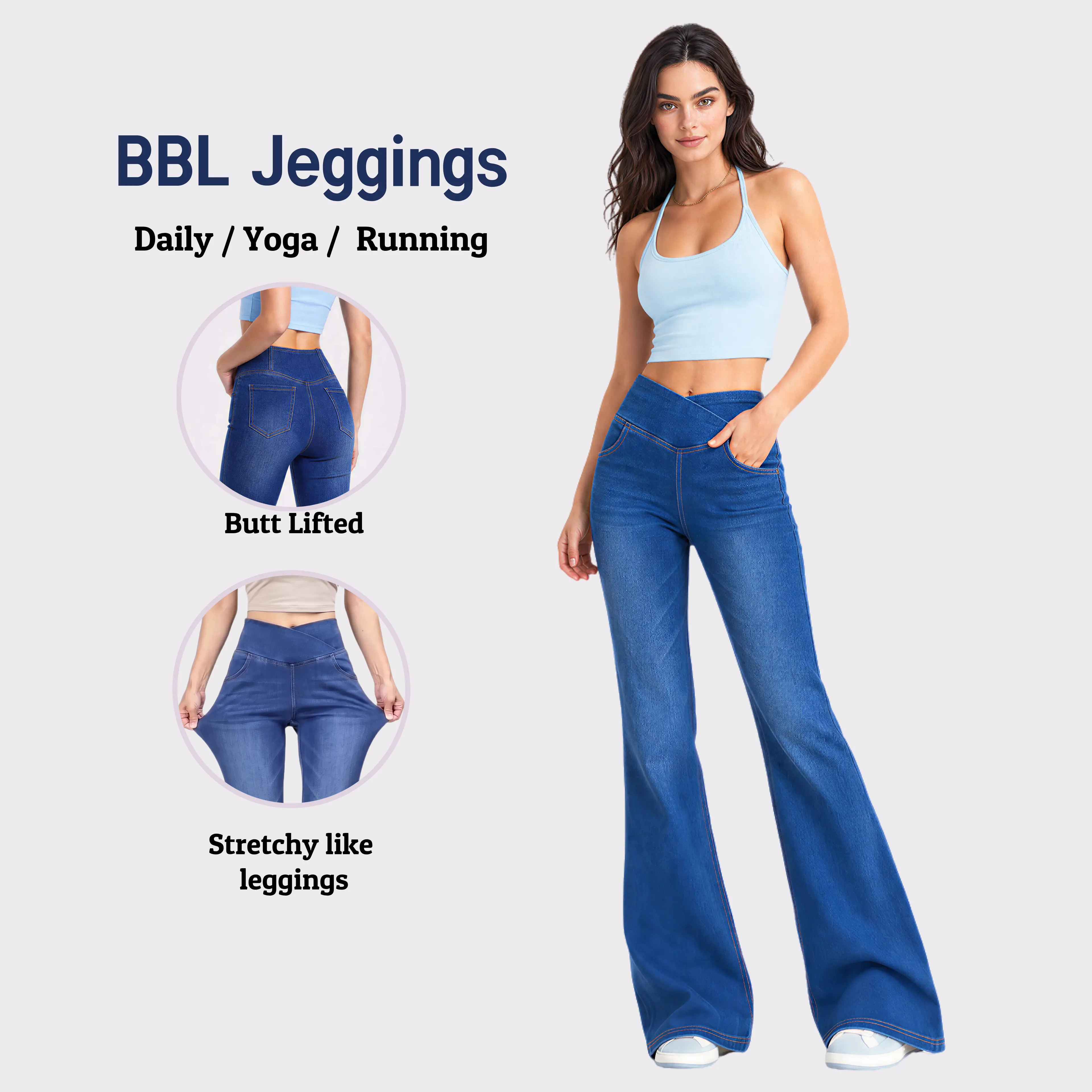HeeiYoga  Tummy Control High Waisted  Crossover and Pockets, Washed Flare Jeans Jeggings , Denim Leggings