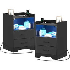 Sikaic 2PCS LED Nightstands with Charging Station and Storage Drawers Black Furniture Bedroom Table Organize Modern Design Bedside Lighted Vanity Desk