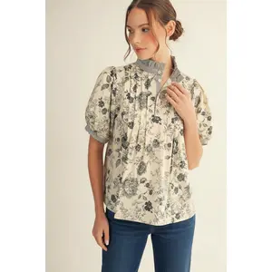 Jodifl Short Puff Sleeves Pintuck Detail Floral Blouse