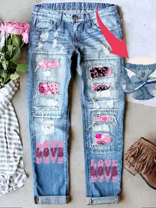 Women’s Mid-Waist Patch Patchwork Ripped Boyfriend Distressed Stretch Waistband Cute Unique Print Fitted Denim Jeans Comfy for All Seasons