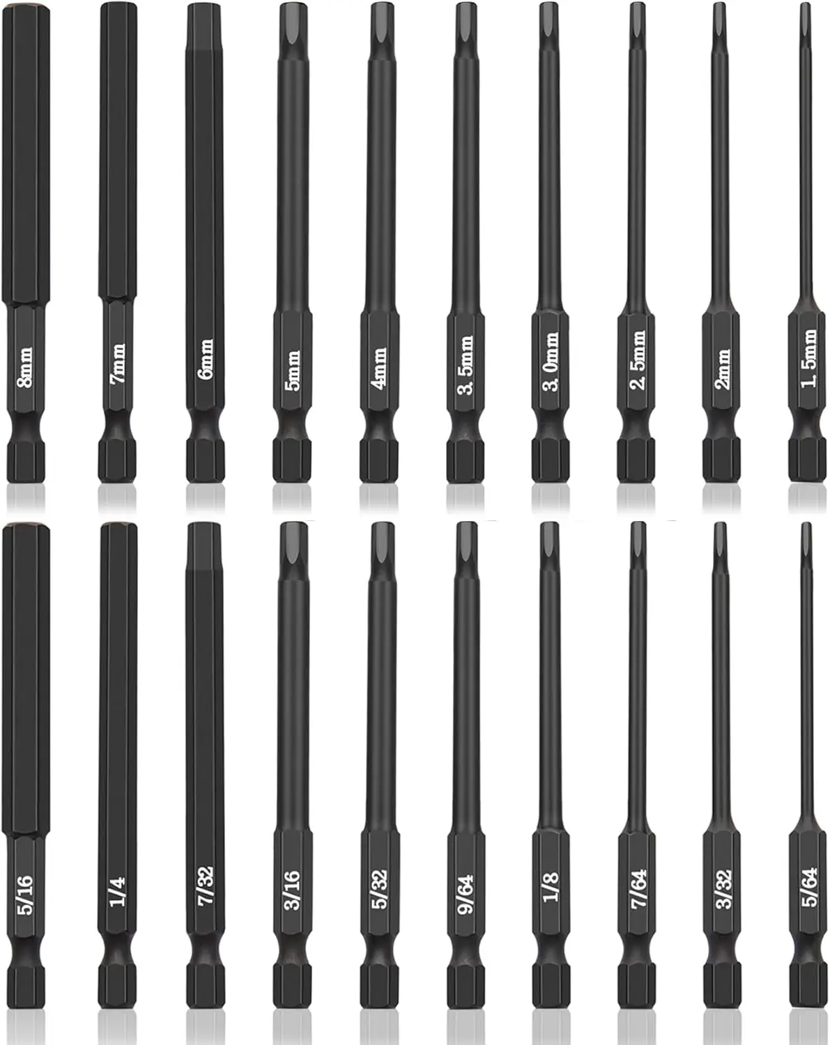 20 count Hex  Allen Wrench Drill Bit Set, 1/4 Inch Hex Shank Metric and SAE S2 Steel Hex Bit Set,  Tips 3 Inch Long