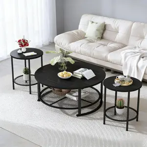 Generic 3-Piece Round Coffee Table Set with Two Nesting End Side Tables for Living Room and Office, Industrial Wooden Accent Furniture Featuring Durable Metal Legs and Easy Assembly Design, Stable Three-Legged Construction for Small Spaces and Minimalist