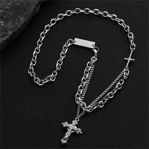 1pcs Men's Stainless Steel Cross Chain, Fashionable Hip Hop Multi-layered Design, Suitable for Daily Wear, Great Gift Idea for Men's  jewelry