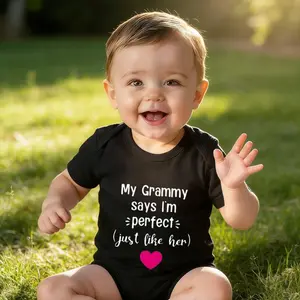 Baby Short Sleeve Jumpsuit Cute Cartoon My Grammy Says I'm Perfect Just Like Her Print Snap Closure newborn baby boy clothes Versatile matching Simple Style Soft Breathable Newborn Bodysuit  Daily Wear Infant One-Piece