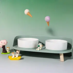 Ceramic Double Cat Bowl -Handmade Bone China Pet Feeder in Green Non-Slip Base Dry Food