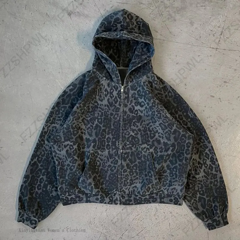 Gothic Leopard Print Zip Up Hoodie, Unisex Regular Fit Long Sleeve Casual Streetwear Sweatshirt for Winter