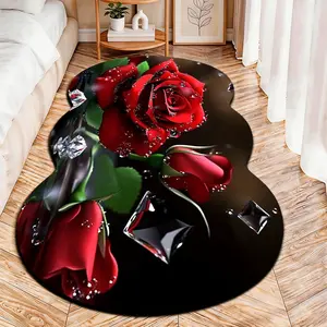 2D Flat velvet irregular rug with black background red rose and diamond pattern, machine washable non-slip carpet for bedroom, all seasons & holiday decor, durable & easy to clean.