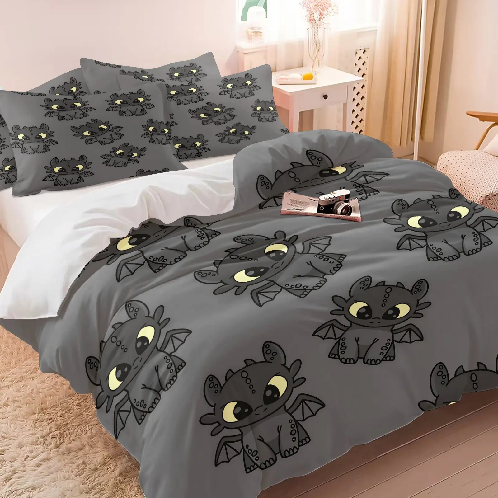 Cute Toothless Duvet Cover Set, Bed Covers, Theme Bedding Set, 1 Duvet Cover + 2 Pillowcases, How to Train Your Dragon Cartoon Print Bedding, Soft Breathable Microfiber Bed Linen for Kids Teens Adults, All Season Bedroom Decor Gift for Dragon Fans
