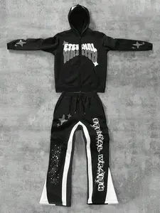 Men's Colorblock Star & Slogan Graphic Print Zip Up Sweatshirt & Drawstring Waist Sweatpants Set, Regular Fit Casual Streetwear Long Sleeve Hooded Sweatshirt & Pocket Flare Leg Pants, Men's Two-piece Outfits for Daily Wear, Sets for Men Clothing