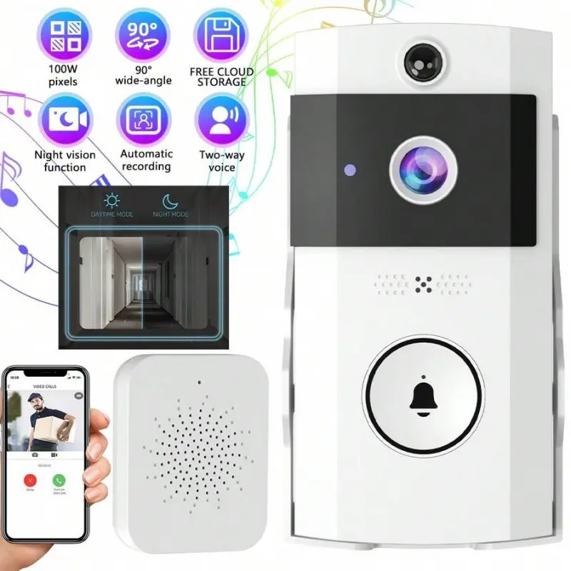 Wireless Video Doorbell Camera With Chime, Smart WiFi Door Bell With Two-Way Talk, Night Vision & Free Cloud Storage For Home Security
