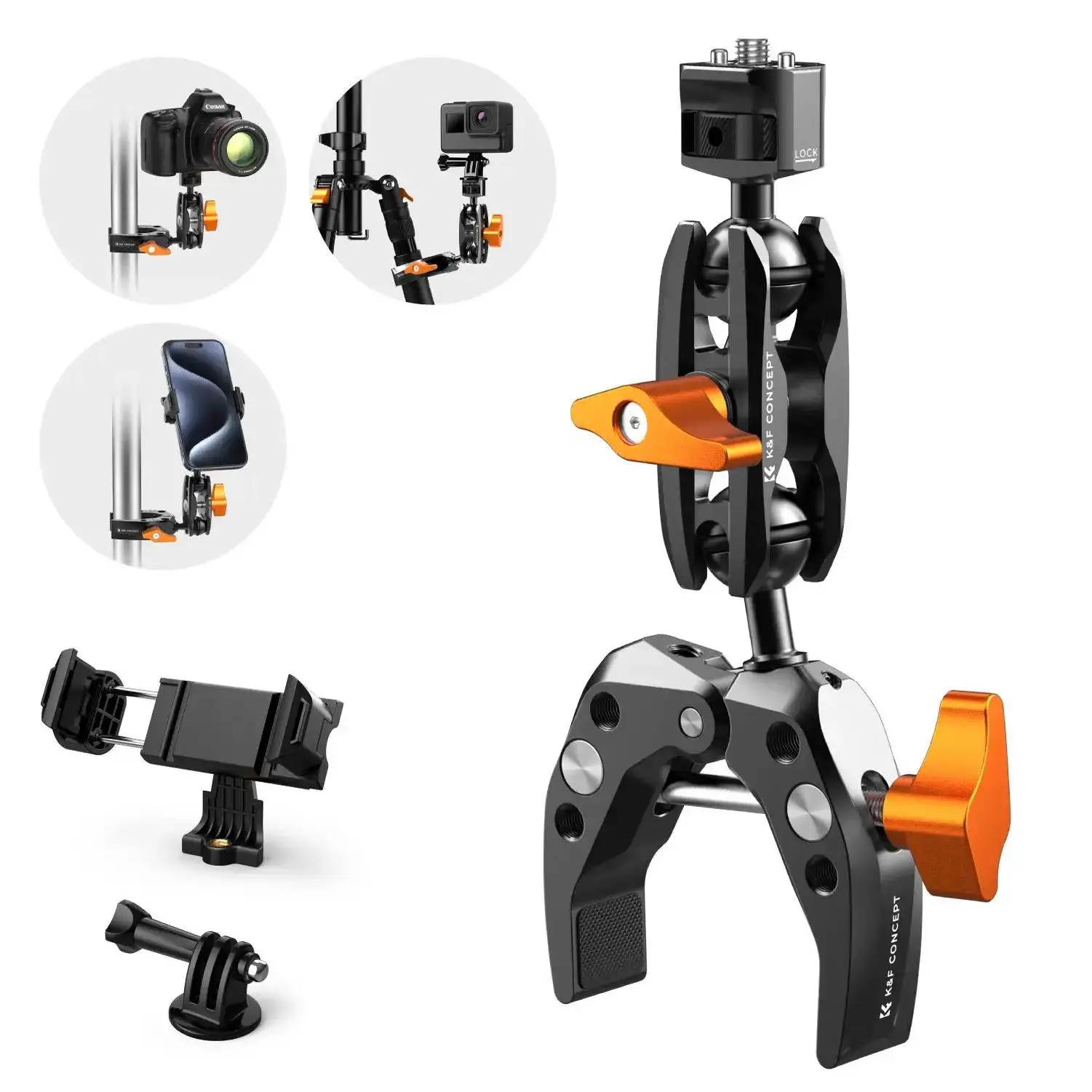 【DealsForYouDays】K&F CONCEPT Camera Super Clamp Mount with Magic Arm, 2 x 360° Ball Heads, 1/4" Thread & 60mm Clamp, ARRI-Compatible for DSLR, Action Camera, Tripod, Smartphone Accessories, Digital Camera