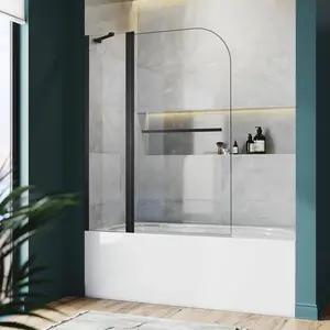 43" W x 58" H Frameless Pivot Foldable Bathtub Door with Curved Top, 1/4" (6 mm) Clear Tempered Glass, Towel Bar, 180° Pivoting