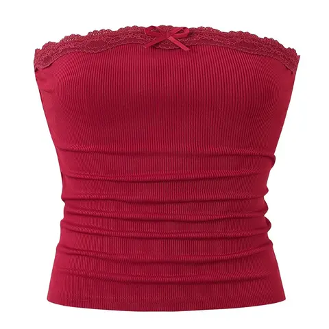 Women's Contrast Lace Bow Decor Crop Strapless Tube Top Fabric, Sweet Fashion Y2K Top Fit for Daily Outdoor Wear, Ladies Clothes for Summer, Sleeveless Knitted Tank