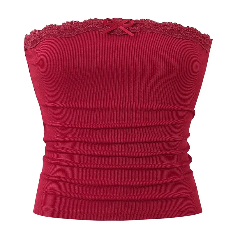 Women's Contrast Lace Bow Decor Crop Strapless Tube Top Fabric, Sweet Fashion Y2K Top Fit for Daily Outdoor Wear, Ladies Clothes for Summer, Sleeveless Knitted Tank