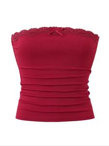 women's contrast lace bow decor crop tube top, sweet fashion fit y2k sleeveless top for daily outdoor wear, ladies clothes for summer, bandeau tops, womenswear, elegant classy tops, premium fabric