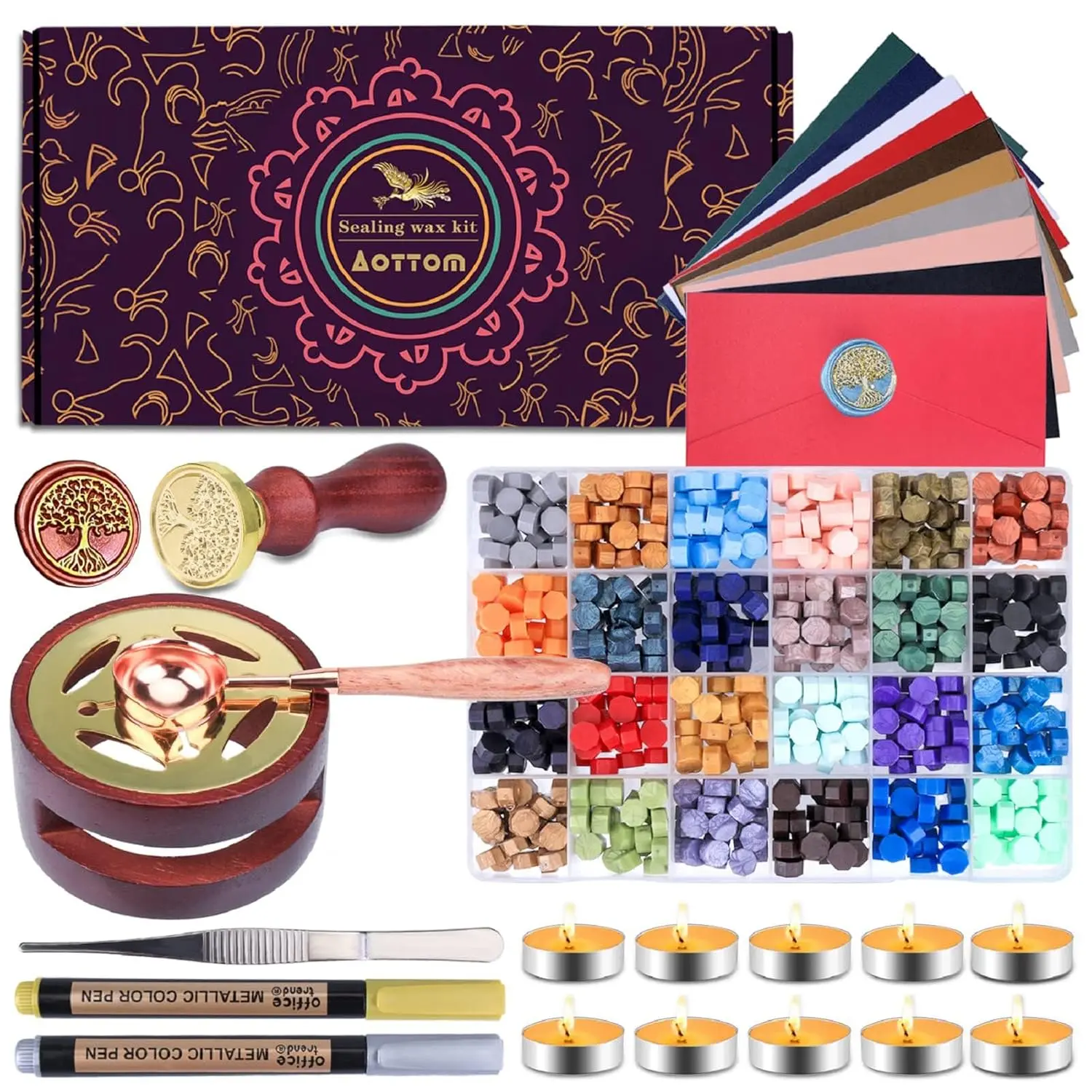 9-in-1 DIY Wax Seal Stamp Kit with 9 in 1 Gift Box - 24 Colors (27 Pieces Each Color), 650 Pcs Beads, Warmer, Envelopes, Candles, Stamp, Metallic Pen, Metal Spoon for Thanksgiving, DIY Decorations