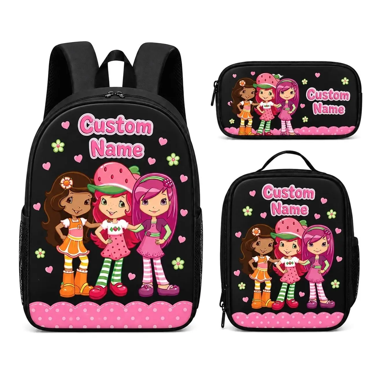 Personalized Sweet Pink Fantasy Berry Girl Student Bag Set | 3Pcs Backpack Insulated Lunch Tote Pencil Pouch | Custom Kids Birthday Gift Box