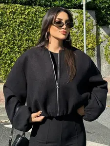 Women's Casual Fashion Coat New Oversized Bubble Sleeve Jacket, Zipper Bomber Jacket, Elegant Woven Fabric, Streetwear, Fashion Pilot Jacket, Lightweight Outerwear, Spring & Fall Outerwear