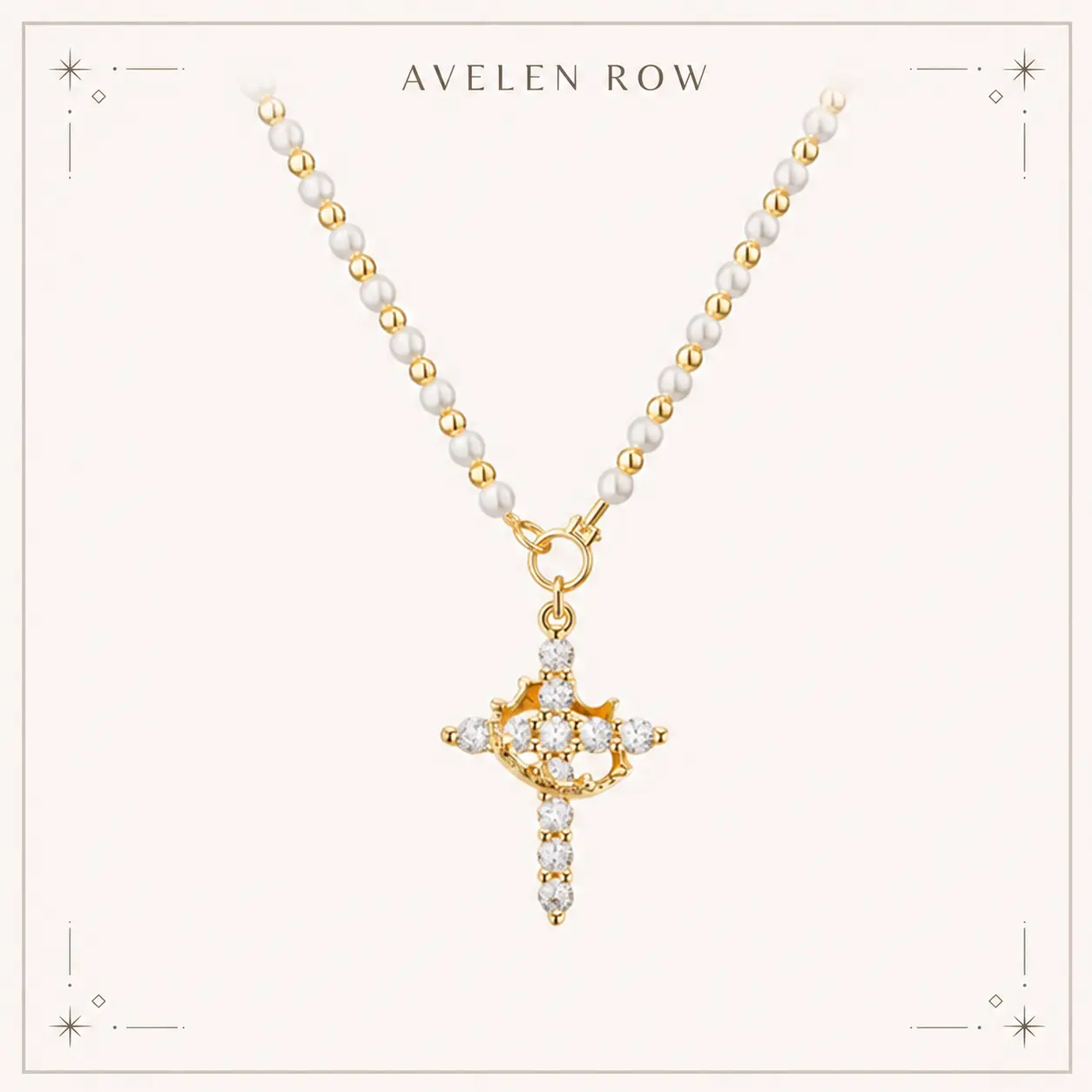 Religious Pendant Necklace with Gold-Tone Crown Cross, Retro Pearl-Style Beaded Chain for Women, Adjustable 1.5 cm Width - Easter & Mother's Day Gift