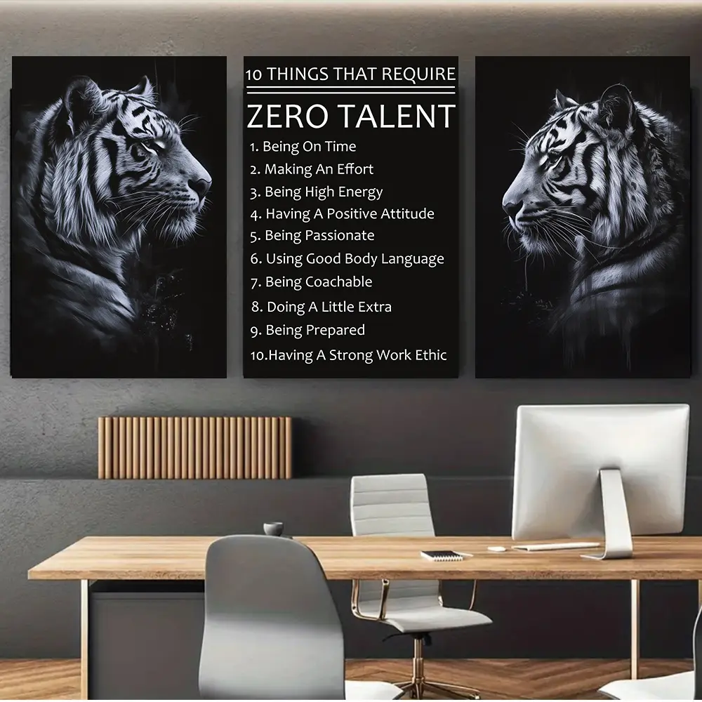3-Piece Hanging Wrapped Canvas Wall Art Set - Adult Black and White Inspirational Tiger Animal Portrait Prints, Multi-Size 8"x12"-16"x24", Home Inspo Modern Decor for Office & Living Room, Positive Attitude Gift