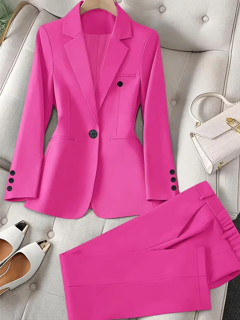 Women's Two-Piece Suit Set: Solid Color Long-Sleeved Blazer + Trousers; Suitable for Business Interviews and Weddings.