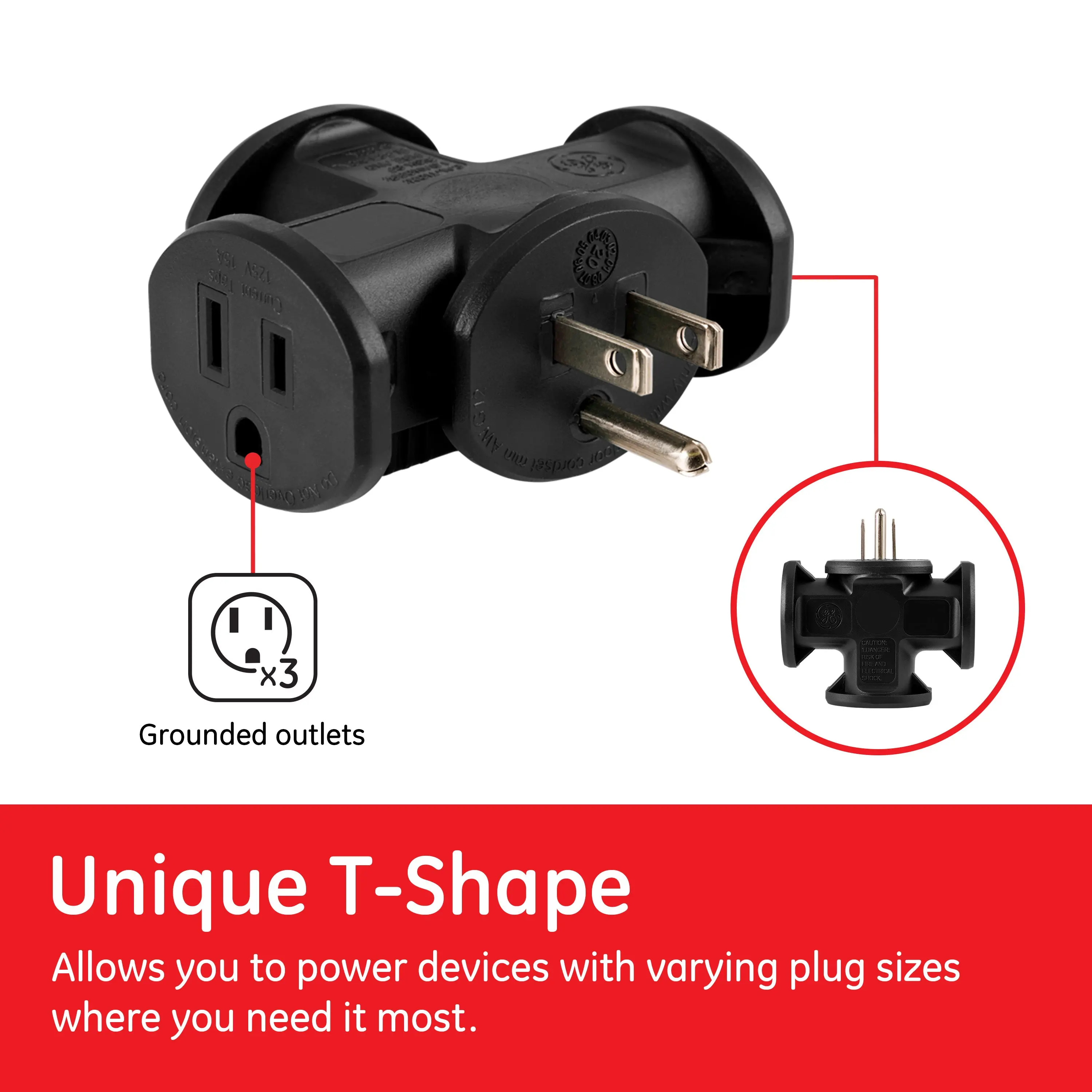 GE 3-Outlet Heavy-Duty 3-Outlet Tap Adapter, Black