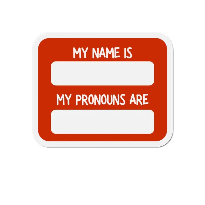 Die-Cut Vinyl Magnetic Metal Name & Pronouns Magnet - Lightweight Red Decor Print for Fridge, Office