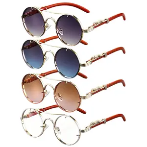 1/2/4pcs Vintage Full Frame Round Sunglasses For Women Man Minimalist Metal Frame With Leopard Detail Hinges, Stylish Gradient Lenses Imitation Wood Grain Legs Luxury Classic Women Glasses, Fashionable for Street Photography & Gift
