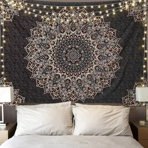 Black Mandala Tapestry Wall Hanging Psychedelic Aesthetic Indian Hippie Wall Decor Bohemian Wall Art Boho Home Decoration for Bedroom,Living Room,Dorm Flowers tapestry