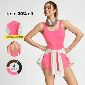 GLOWMODE 4.3" FeatherFit Tummy Control Side Pockets Romper Bodysuit U-Back Non-Slip Pocket Light Support Low Impact Yoga Studio Gym Daily Summer