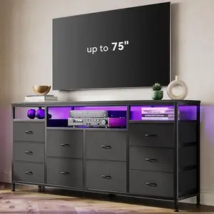 63.3 Inch Dresser for Bedroom, 10 Drawer Dresser Tv Stand for 65 70 75 Inch Tv, with Led Lights & Power Outlets,  Living Room (Black)