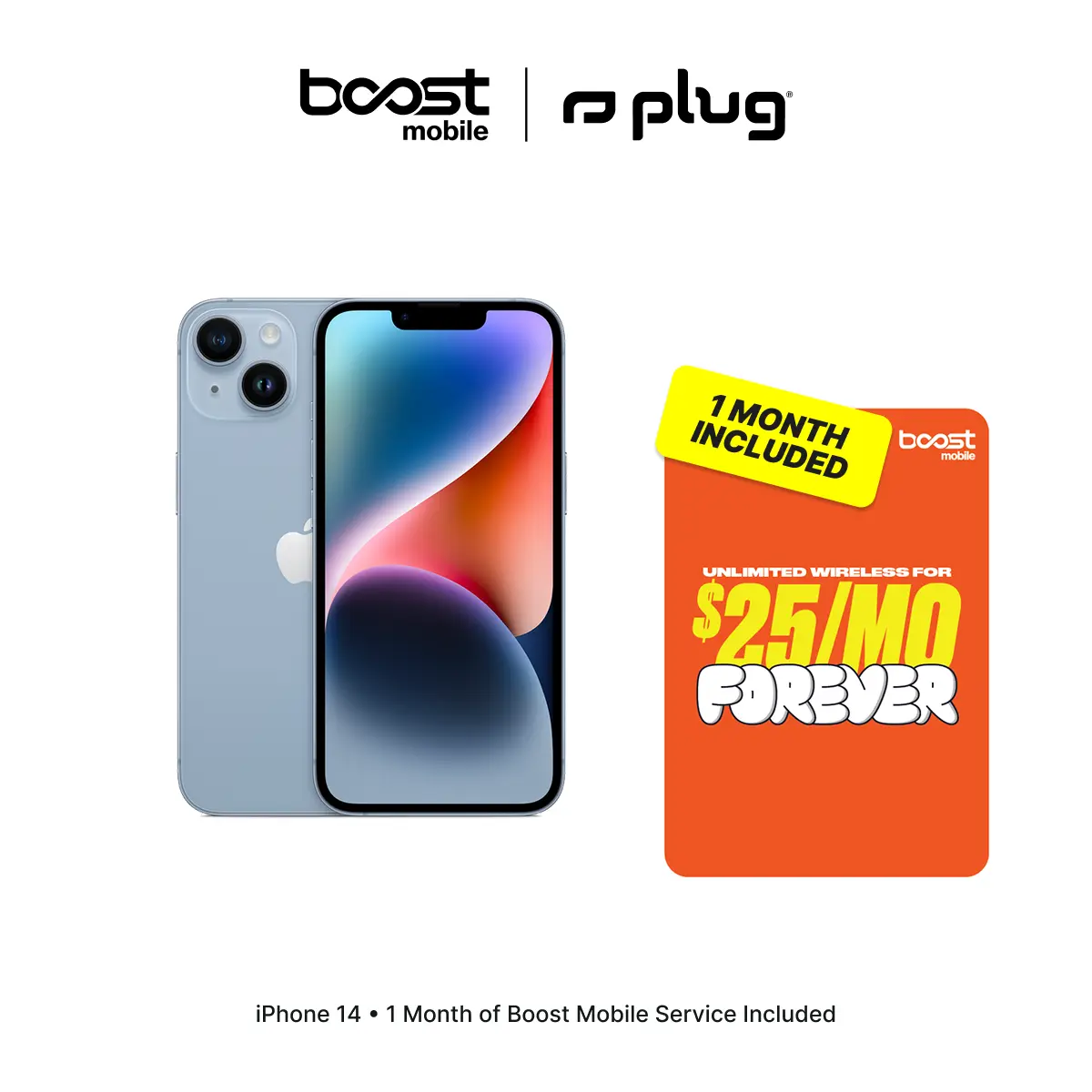 Refurbished Apple iPhone 14 (Unlocked) + 1 Month of Unlimited Boost Mobile Service Included - Good Condition with 1-Year Warranty by Plug Refurbished Apple iPhone 14 (Unlocked) + 1 Month of Unlimited Boost Mobile Service Included - Good Condition with 1-Year Warranty by Plug