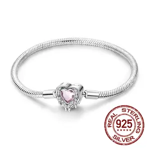 MULA 925 Sterling Silver guardian heart snake bone bracelet | Suitable for Pandora charms | Lucky wishes | Love pink crystal | Adjustable beaded bracelet | Women's gift