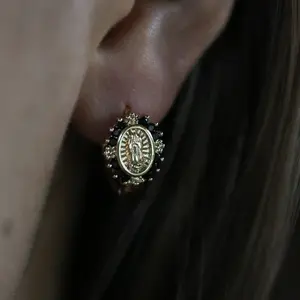 Mini Hoop Earrings - Virgin Mary Black Stone -